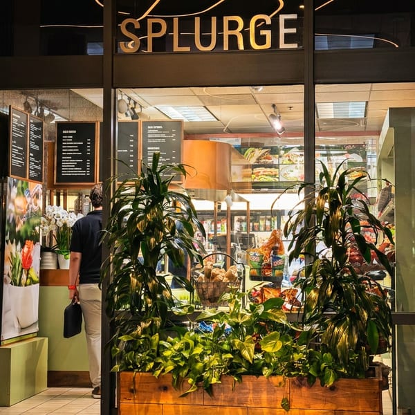 Splurge restaurant's entrance showing a customer, menus, food displays, and green plants.