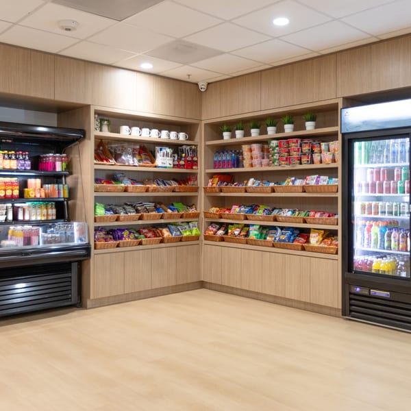 A well-stocked micro-market with shelves of snacks, drinks, and two large glass-door refrigerators.