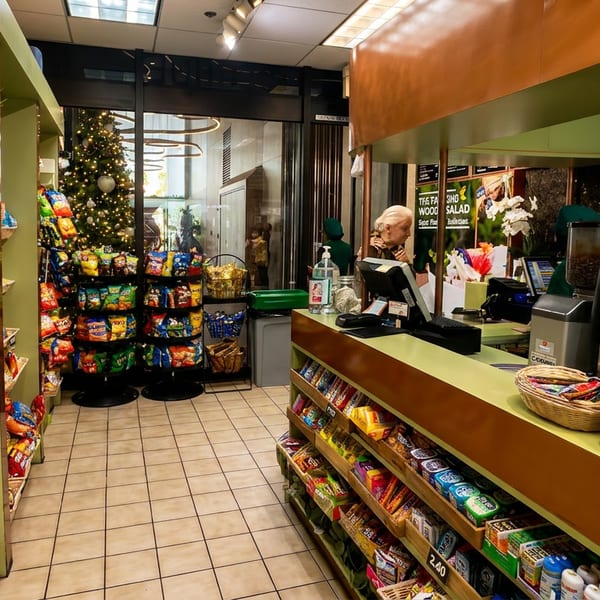 Cozy shop interior with snack displays, a cashier, coffee machine, and festive Christmas tree.